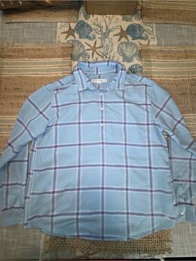 Southern Tide Women’s Hadley Popover Blouse, Large, Blue W/ Red Windowpane